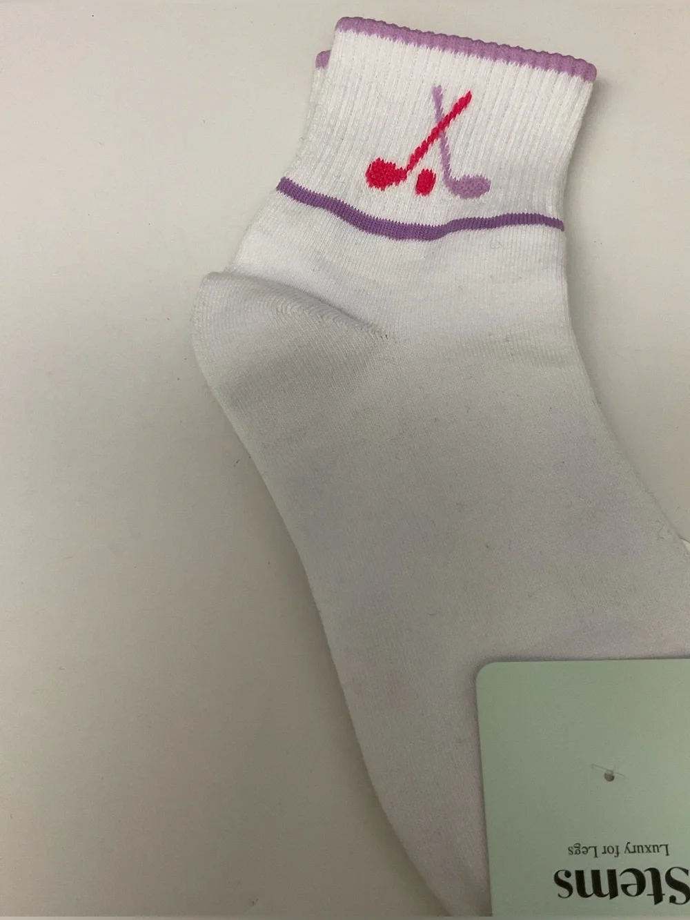 STEMS WOMENS COTTON ANKLE SOCKS GOLF PATTERN WHITE WITH MAUVE OS NWT
